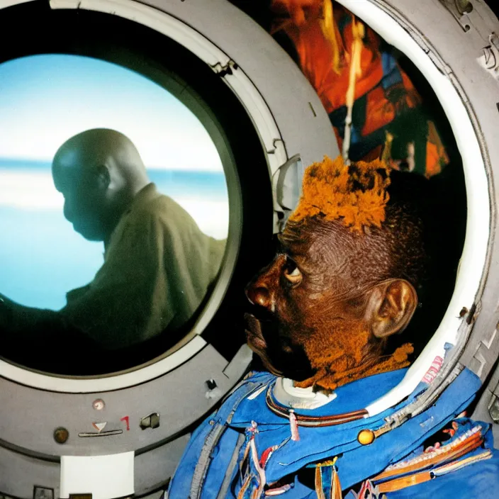 Prompt: analogue photo of an African tribal chief inside the orbiter of a space shuttle, looking at porthole window, close-up, colour, photo shot by martha cooper, 35mm,