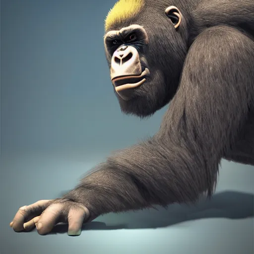 Image similar to angry tough gorilla with tattoos, punk gorilla, interesting 3 d character concept by tiger hkn and gediminas pranckevicius, maplestory, game art, hyper detailed, character modeling, cartoon, cinematic, ray tracing, fur details, maya, c 4 d