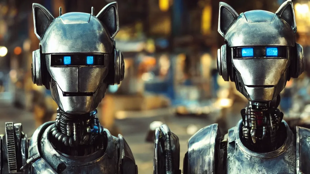 Prompt: film still from the movie chappie of the robot chappie shiny metal outdoor market scene bokeh depth of field furry anthro anthropomorphic stylized cat ears head android service droid robot machine fursona