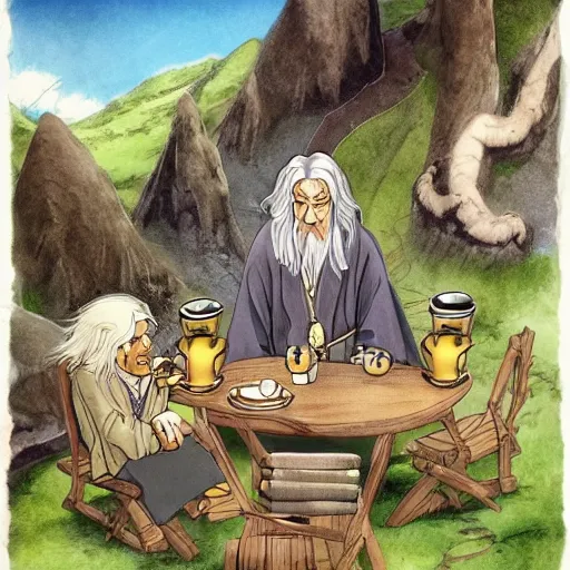 Image similar to lord of the rings gandalf drinking tea with hobbits in the shire, anime studio ghibili