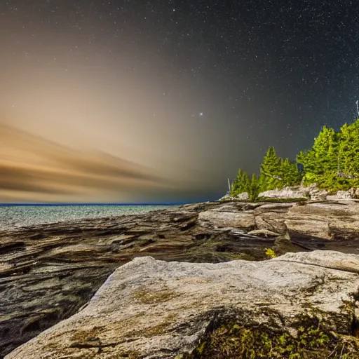 Prompt: rocky shore of the Bruce Peninsula on a starry night