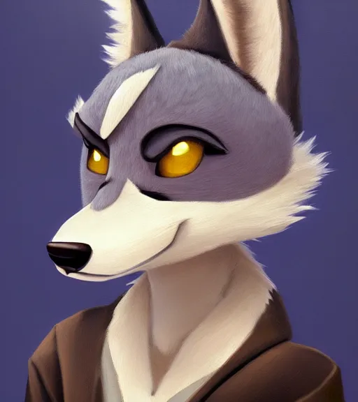 Image similar to oil painting of anthromorphic furry female wolf, in style of zootopia, female fursona, furry, furaffinity, 4 k, deviantart, furry art, fursona art, wearing black business suit, business suit, wolf fursona, expressive feminine face, female,