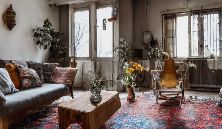 Prompt: sunrise 3 5 mm warm photo of a tastefully decorated bohemian living room with dark luxurious furnishings, and a mix of antique and modern furniture, and a mix of concrete and raw wood finishes, soft lighting