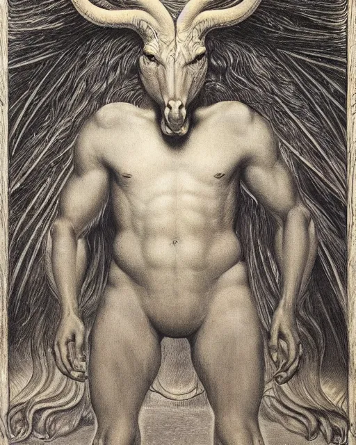 Image similar to a creature with the body and eyes of a man, with the beak of an eagle, the mane of a lion, and the horns of an ox by jean delville