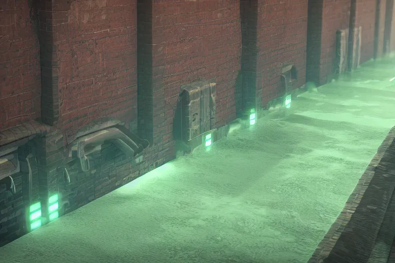 Prompt: detailed sewers environment, curved brick walls run along the channel, pipes run along the walls, a slight green glow emanates from the water, Unreal Engine render, Artstation 4K