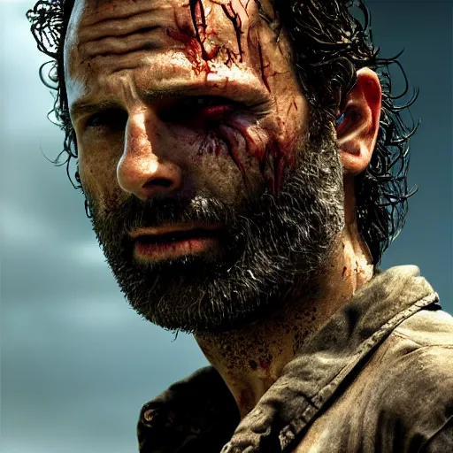 Image similar to rick grimes, the walking dead, zombiefied, head and shoulders shot, medieval, vivid colors, sharp focus, digital art, Hyper-realistic, 4K, Unreal Engine, Highly Detailed, HD, Dramatic Lighting by Brom, trending on Artstation