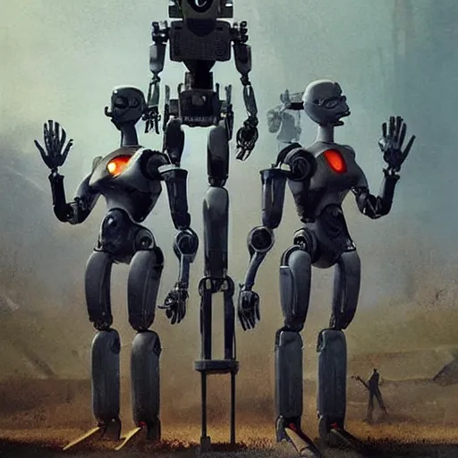 Prompt: propaganda poster of robots and humans standing side by side, side view photo, by greg rutkowski