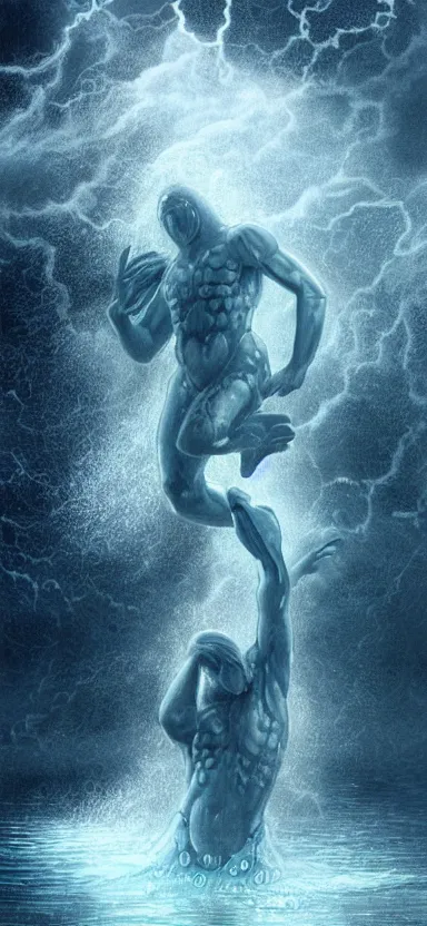 Prompt: humanoid colossus made of water, made of liquid, rising up from ocean, water armor, high detail, high contrast, close up portrait, studio lighting, stormy seas, beautiful, bokeh, snowy, storm clouds, god rays, d & d, fantasy, elegant, aquamarine color palette, concept art, roger deakins and greg rutkowski and alphonse mucha