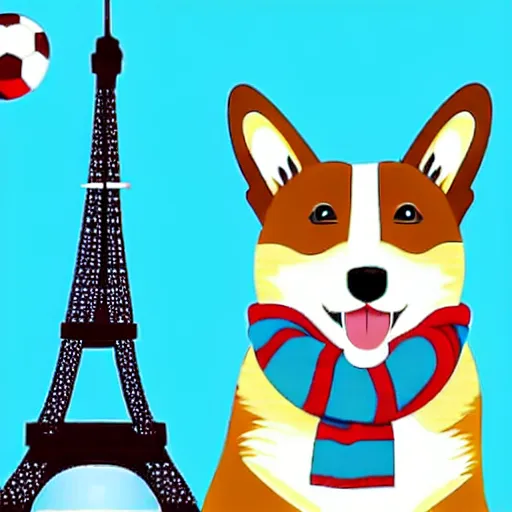 Prompt: illustration of french boy playing football with a corgi wearing a polkadot scarf in front of the eiffel tower