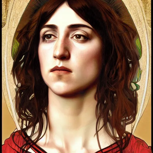 Image similar to portrait of charlotte gainsbourg as joan of arc, hyperreal digital painting, iconography influenced by alphonse mucha and eugene delacroix, arstation and deviantart trends, high resolution 8 k