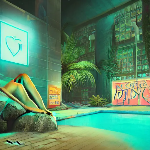 Image similar to a photograph of a broken statue in a surreal underground swimming pool surrounded by palm trees water and neon lights, vaporwave, unreal engine, octane render, dramatic lighting, volumetric lighting, neon lighting, ultra detailed, photorealistic