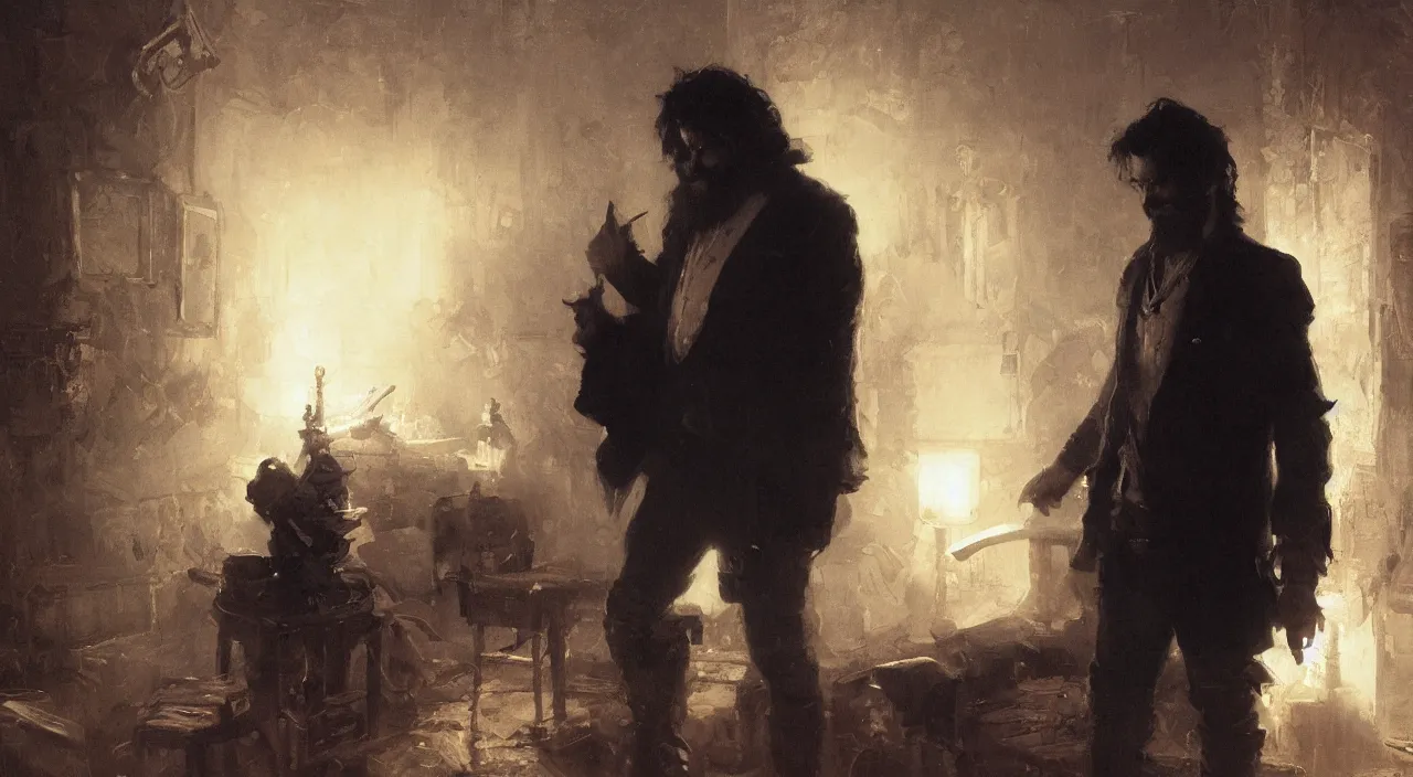 Image similar to a man with black hair and beard, wearing a black jacket, white shirt and jeans, trying to desperately escape a white, dimly lit room, highly detailed painting by gaston bussiere, craig mullins, 8 k