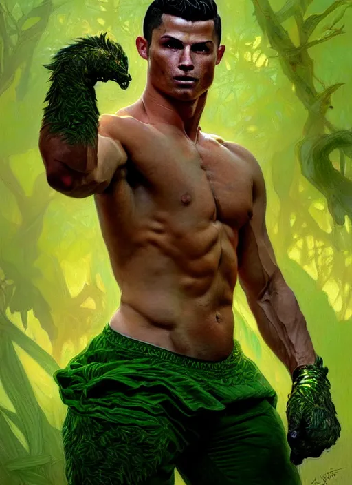 Image similar to portrait of aggressive furry cristiano ronaldo, d & d, muscular! green, fantasy, intricate, elegant, highly detailed, digital painting, artstation, concept art, smooth, sharp focus, illustration, art by artgerm and greg rutkowski and alphonse mucha