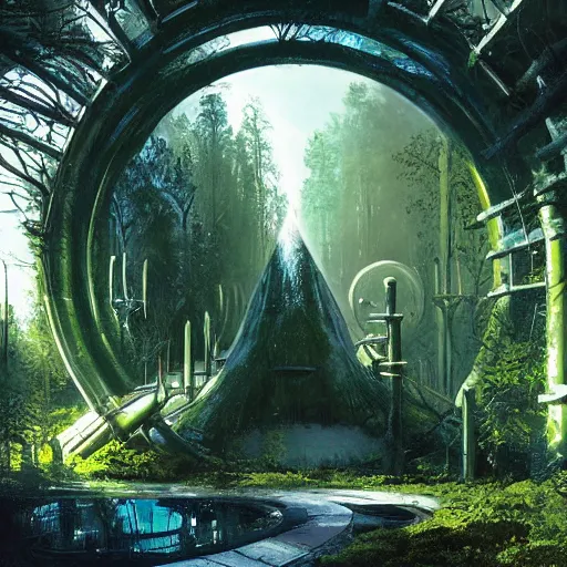 Image similar to frozen derelict portal in a middle of a snowy lush futuristic forest, engine tubes around the portal, green lush world seen only through a portal, daylight, cinematic lighting, blue sky, syd mead, john harris