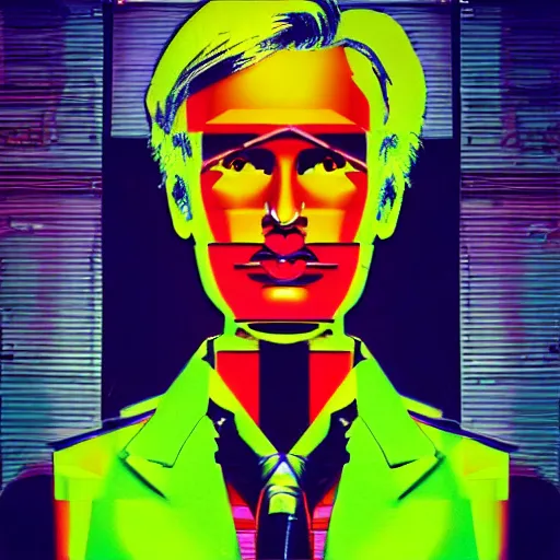 Image similar to a robot with the face of andy warhol, cyberpunk painting, award winning portrait, uncanny valley, dramatic lighting, detailed face, sharp focus, neon lighting