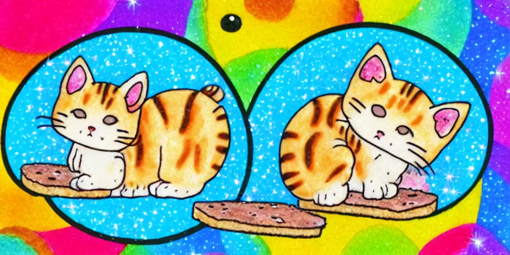 Image similar to a tiny kitten sleeping on a slice of bread, puffy sticker, glitter sticker, kawaii by studio ghibli, by lisa frank 8 k pastel colours, isometric, smeared watercolours,