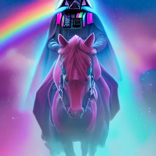 Prompt: beautiful matte painting, rainbow colored pink pink darth vader wearing pink wearing pink, riding a unicorn, riding a unicorn, riding a unicorn with one horn, over a glittering rainbow, in psychedelic space, by lisa frank and dan mumford, octane render, HDR, vivid color, volumetric lighting, unreal engine, concept art, CGsociety, trending on artstation