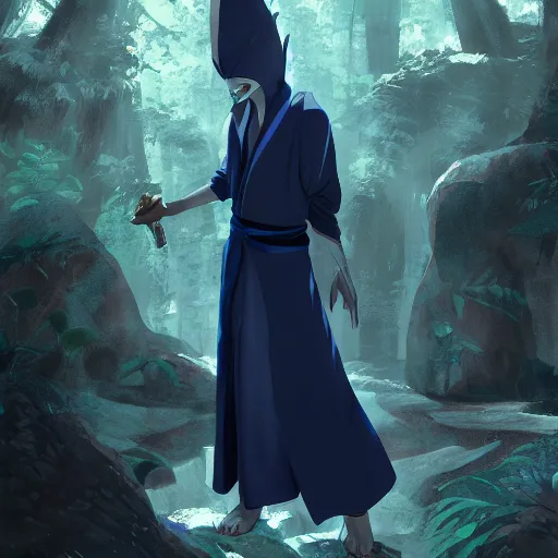 Image similar to concept art painting of an anthropomorphic humanoid albino raven wearing dark blue robes, in the deep forest, realistic, detailed, cel shaded, in the style of makoto shinkai and greg rutkowski and james gurney