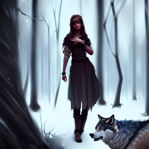 Image similar to a pretty girl surrounded by wolves, in the woods, digital painting, photorealistic, in the style of greg rutkowski, full body, detailed face, cinematic