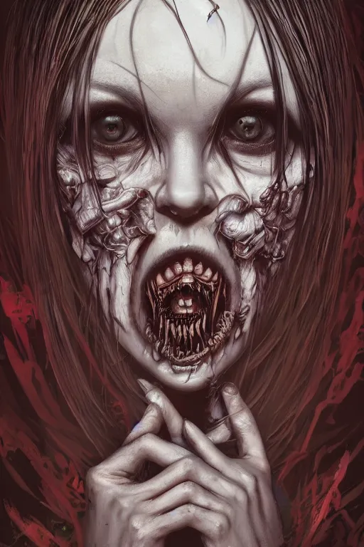 Image similar to portrait of a creepy horror punk girl . intricate abstract. intricate artwork. nightmare fuel. terrifying. by Tooth Wu, wlop, dan mumford , trending on artstation, greg rutkowski very coherent symmetrical artwork. cinematic, hyper realism, high detail, octane render, 8k