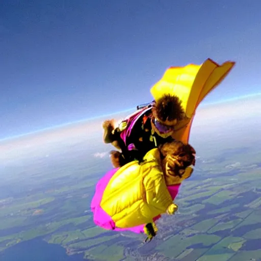 Prompt: real image of garfield skydiving with a pink parachute