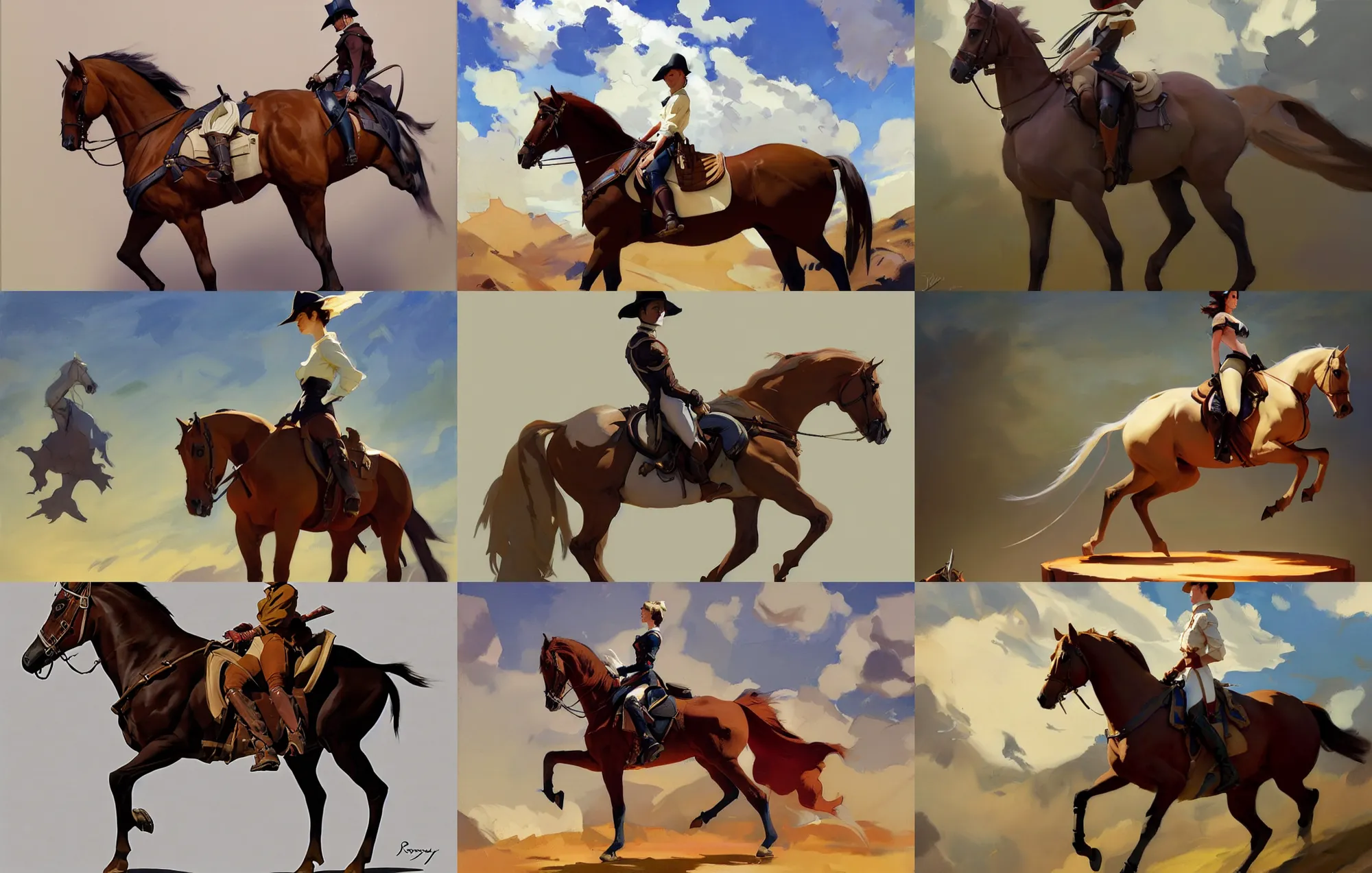 Image similar to cloth fabric riding horse jodhpurs side view greg manchess painting by sargent and leyendecker, studio ghibli, fantasy, medium shot, asymmetrical, intricate, elegant, matte painting, illustration, hearthstone, by greg rutkowski, by greg tocchini, by james gilleard, by joe fenton