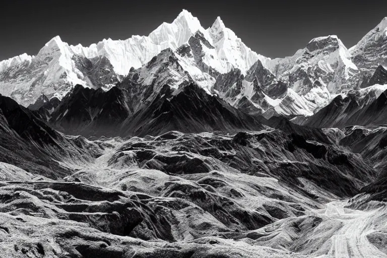 Image similar to amazing landscape photo of Himalayas by Ansel Adams, beautiful, dramatic lighting