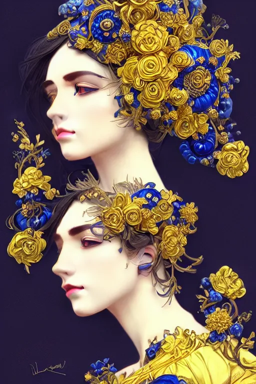 Image similar to beautiful black blue yellow, complicated gold and blue flowers in baroque style headwears, dark fantasy, intricate, elegant, highly detailed, digital painting, artstation, concept art, matte, 3 d 8 k octane rendered, sharp focus, illustration, octane rendered, art by artgerm and alphonse mucha, leesha hannigan