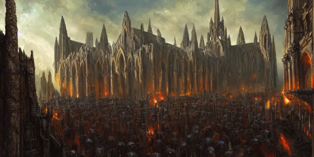 Image similar to highly detailed portrait painting of an ancient argardian gods battle, abbey warhammer battle, old abbey in the background, cathedrals, long giant columns, by eddie mendoza and tyler edlin, 8 k resolution