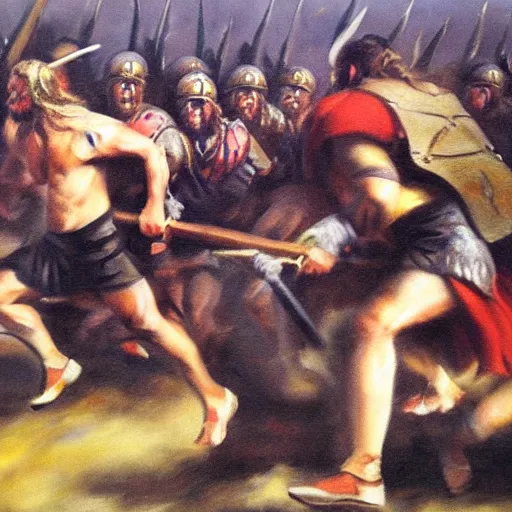 Prompt: Attacking vikings running against the camera, oil painting