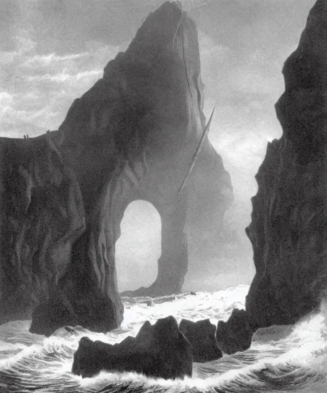 Image similar to realistic photo of a 1 9 2 5 seiner sailing near a tropical skull - shaped cliff with the mouth of a sea cave at the waterline, dark, brooding, atmospheric, lovecraft, horror, smooth, epic, highly detailed, cinematic, by clyde caldwell