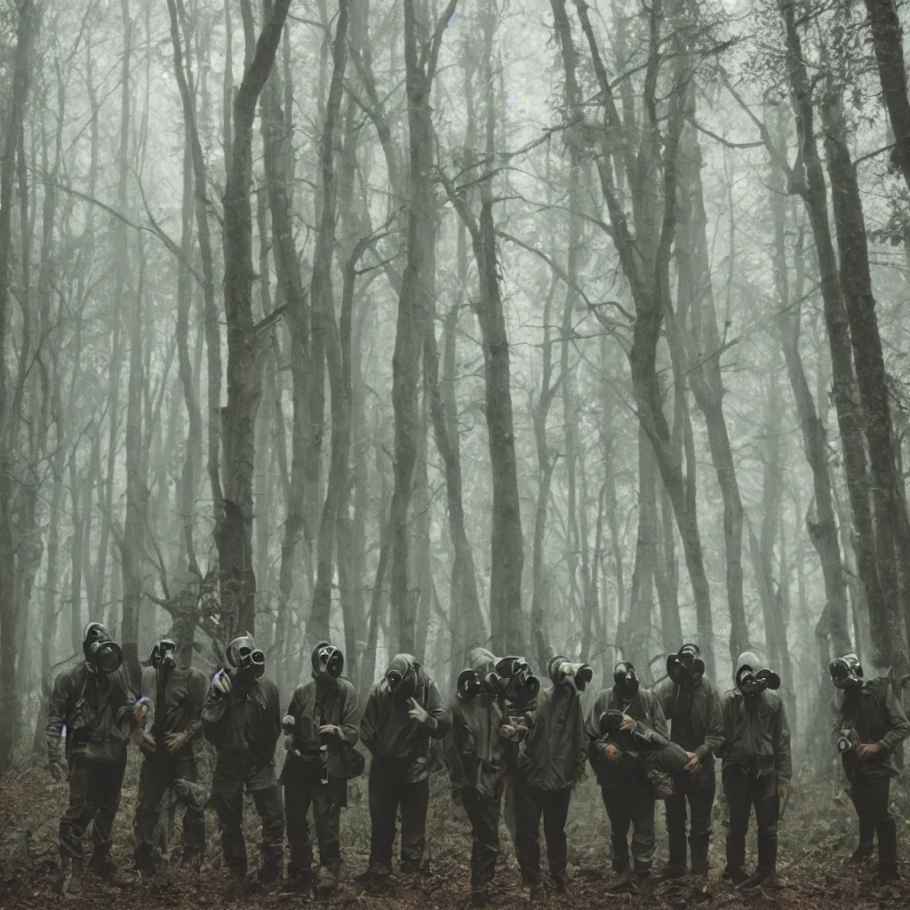 Image similar to high realistic photo portrait group of men with gas masks in a foggy forest, cinestill 800t 35mm, heavy grain, high quality