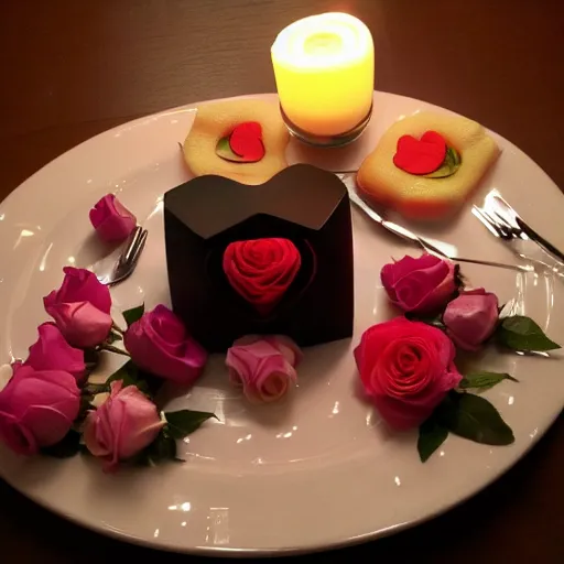 Image similar to kirby!!!!!!!!!!!!!! and companion cube romantic dinner, candlelight, roses