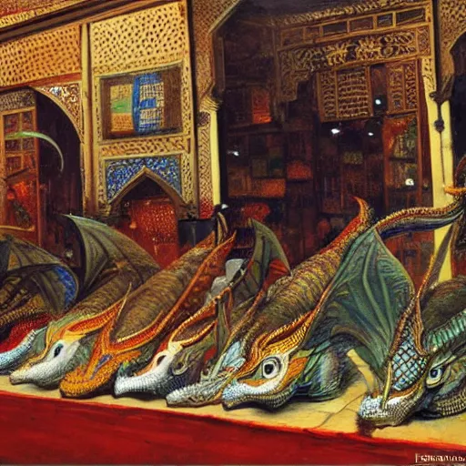 Prompt: dragons on display in a dragon auction in the grand bazaar of isfahan by edwin lord weeks