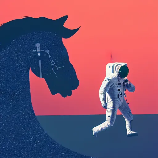 Prompt: an astronaut standing on the ground and a horse horse horse horse standing right above the human, the horse is atop of the head, on top his helmet and on his shoulders minimalist style, 3 d render, isometry