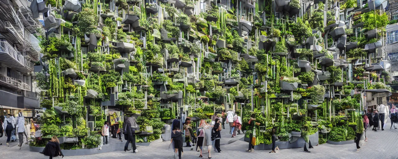 Prompt: futuristic village marketplace, with biomimetic architecture, vertical vegetable gardens, in a village street, depth of field, XF IQ4, 150MP, 50mm, F1.4, ISO 200, 1/160s, natural light