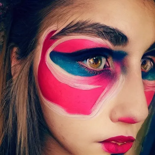 Prompt: a pinterest egirl selfie wearing traditional war paint make up, comme des garcon campaign, highly realistic # nofilter