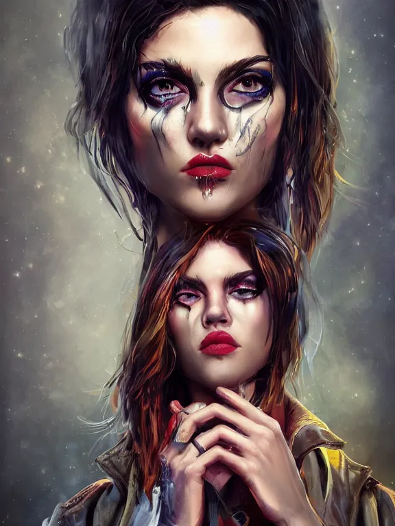 Image similar to digital illustration of a girl with eyes that burn like cigarettes wearing a short skirt and a long jacket with fingernails that shine like justice, dramatic lighting, photorealistic, full body shot, full body portrait, extreme detail, 4 k, colorful, artgerm and craig mullins, detailed face