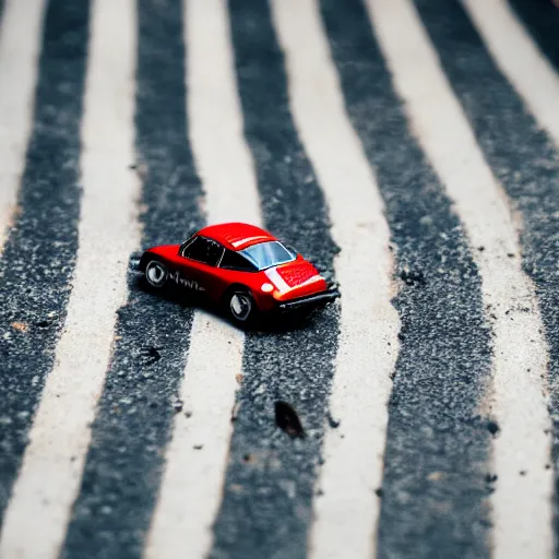 Prompt: close up photo of a small toy porsche 9 1 1 9 6 4 on a road stripe, cinematic, shallow dof, 3 5 mm, 4 k, macro