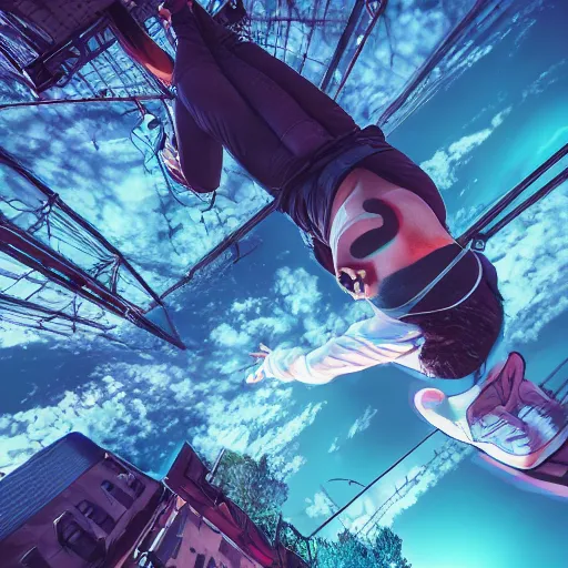 Image similar to falling from the sky, pov angle, 4 k, ultra realistic, fish eye, artstation, murky lighting, neon shadows, dreamlike