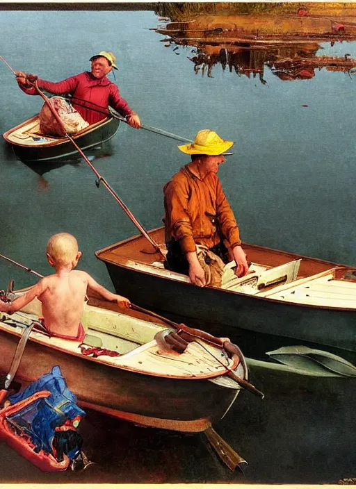 Prompt: realistic detailed image of a father and son fishing in a small boat on a lake in the style of Francis Bacon, Surreal, Norman Rockwell and James Jean, Greg Hildebrandt, and Mark Brooks, triadic color scheme, By Greg Rutkowski, in the style of Francis Bacon and Syd Mead and Edward Hopper and Norman Rockwell and Beksinski, open ceiling, highly detailed, painted by Francis Bacon, painted by James Gilleard, surrealism, airbrush, Ilya Kuvshinov, WLOP, Stanley Artgerm, very coherent, art by Takato Yamamoto and James Jean