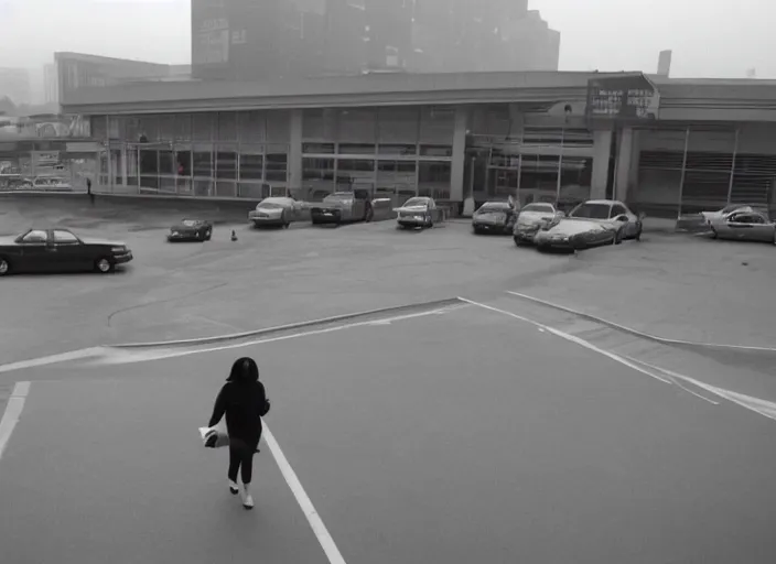 Image similar to cinematic screenshot high angle wide shot of octavia spencer outside a foggy abandoned department store empty parking lot, one car, paranoia everywhere, screenshot from the tense thriller film ( 2 0 0 1 ) directed by spike jonze, volumetric hazy lighting, moody cinematography, 3 5 mm kodak color stock, 2 4 mm lens