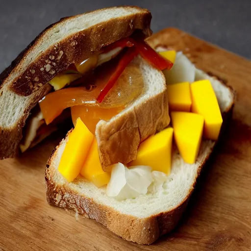 Prompt: sandwich with foie gras honey and mango