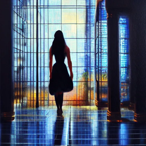 Image similar to scene, moment, beautiful woman, courtyard, capital, cybermosque interior, control panel, watcher, omniscient, tech noir, wet reflections, impressionism, matte painting, speed painting, chiaroscuro, oil on canvas