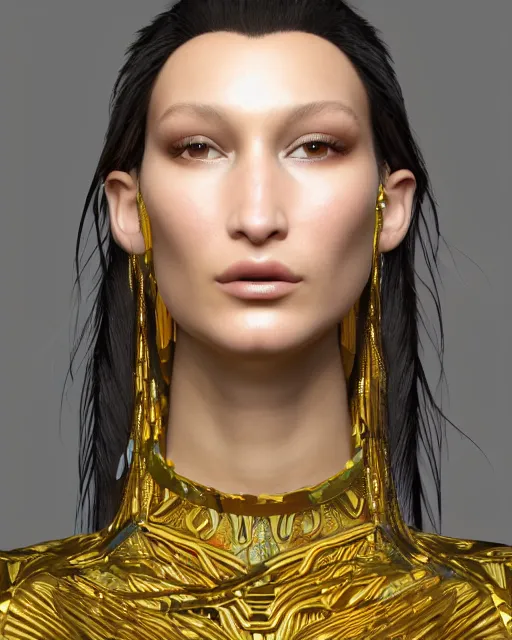 Image similar to a highly detailed metahuman 8 k close up render of bella hadid in gustav klimt style trending on artstation made in unreal engine 4