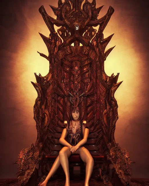 Prompt: portrait of a demon queen inside her hellish throne room, detailed, realistic, studio lighting, unreal engine, cgsociety