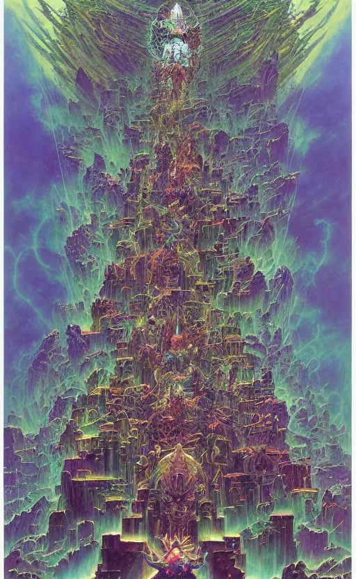 Prompt: epic omnious academic drawing of three levels of wh40k chaotic deities/gods/demiurges organized into a vertical hierarchy in vivid iridescent warp heaven by James Gurney, Zdislaw Beksinski, Alex Gray, Greg Rutkowski, Robert McCall