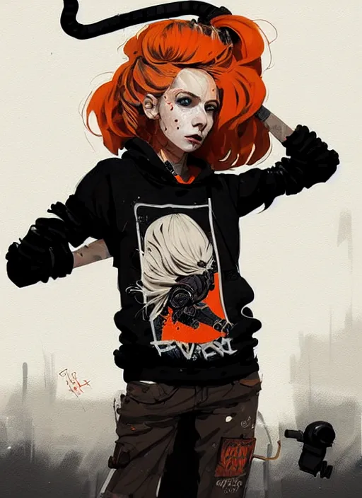 Image similar to highly detailed portrait of a sewer punk lady, tartan hoody, blonde ringlet hair by atey ghailan, by greg rutkowski, by greg tocchini, by james gilleard, by joe fenton, by kaethe butcher, gradient orange, black, cream and white color scheme, grunge aesthetic!!! ( ( graffiti tag wall background ) )