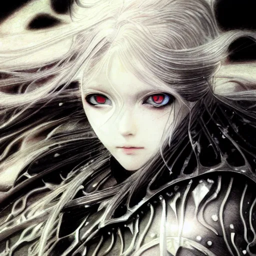 Image similar to Yoshitaka Amano realistic illustration of an anime girl with wavy white hair and cracks on her face wearing Elden ring armour with the cape fluttering in the wind, abstract black and white patterns on the background, noisy film grain effect, highly detailed, Renaissance oil painting, weird portrait angle