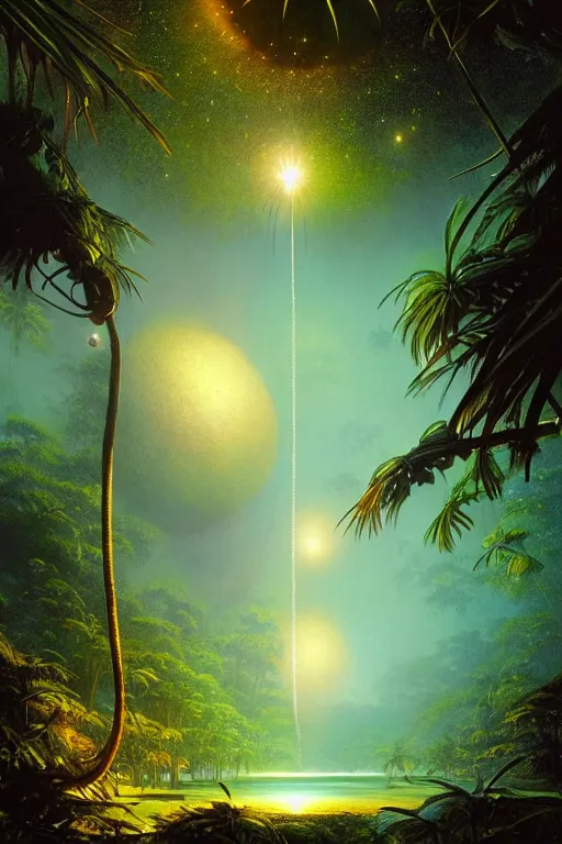 Image similar to a tropical forest suspended in space, meteor shower, tone mapped, shiny, intricate, cinematic lighting, highly detailed, digital painting, artstation, concept art, smooth, sharp focus, illustration, art by arthur haas and bruce pennington and john schoenherr